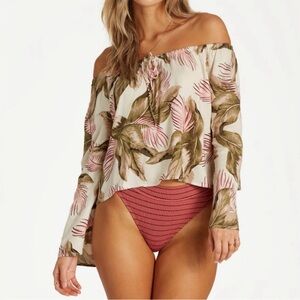 BILLABONG Light It Up Top M Green Pink Tropical Leaves Floral Off The Shoulder